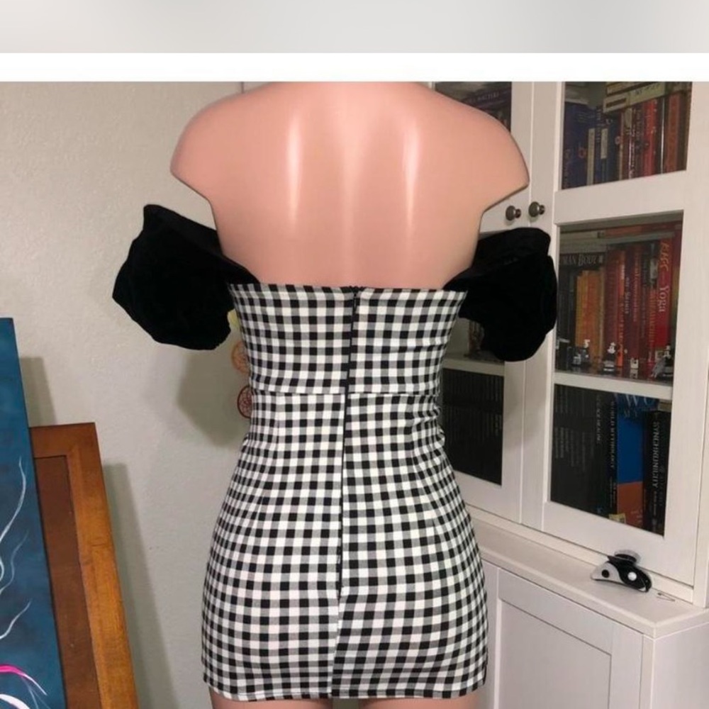 Black and White Gingham Off-Shoulder Dress - Picture 3 of 3